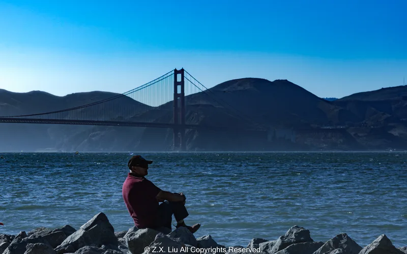 man with golden gate bridge